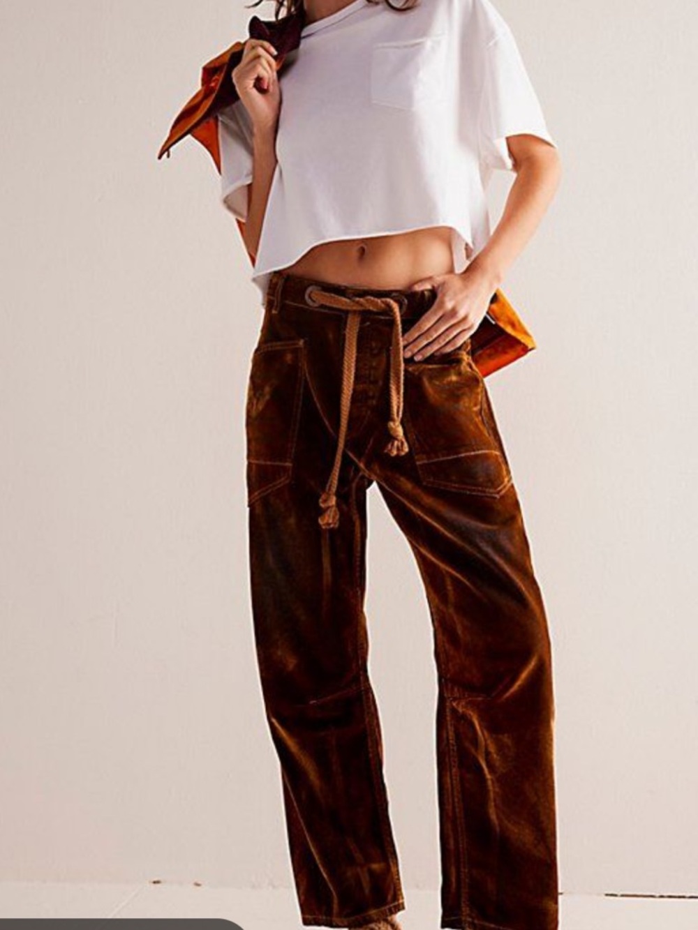 NWT FREE PEOPLE WE THE FREE Moxie Flocked Pull on Chocolate Barrel Jean…